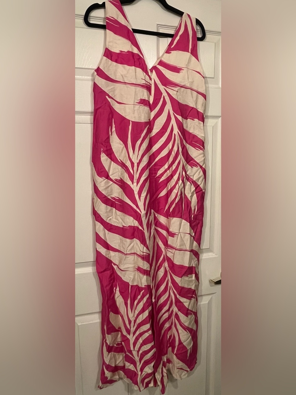 Vibrant Pink and Cream Leaf Print Jumpsuit - Picture 5 of 5